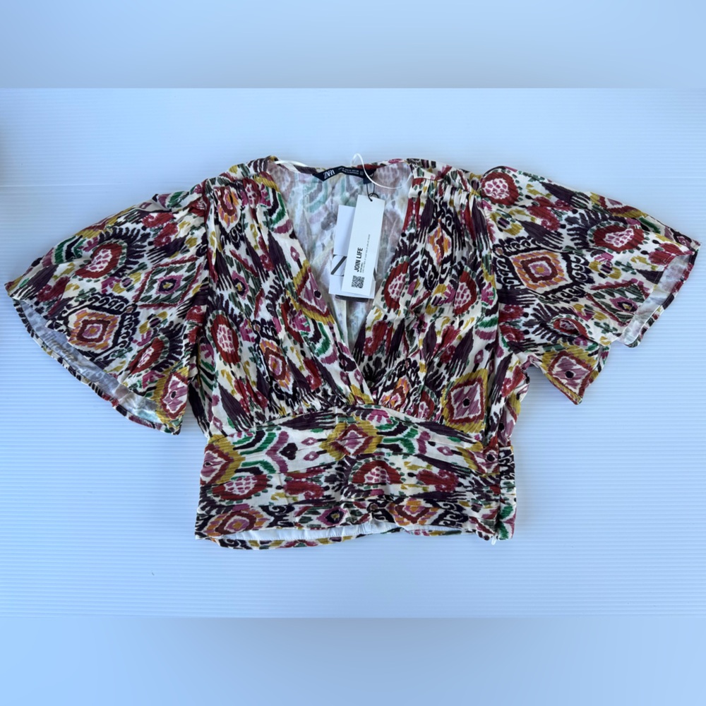 ZARA Ikat Print Puff Sleeve Crop Top - Size M NWT - Picture 9 of 12
